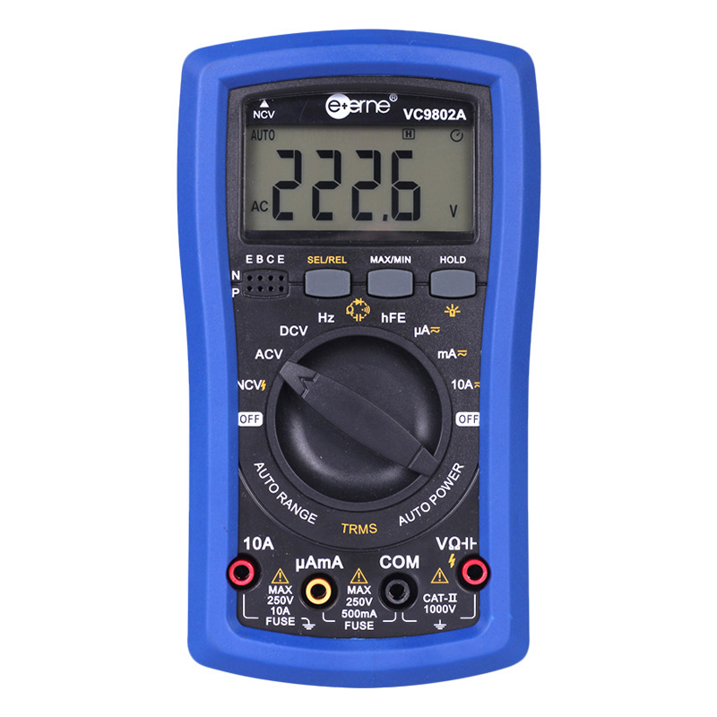 VC9802A Prijenosni Digitalni Multimetar — DC napon 400 mV–1000 V; AC napon 4–750 V; DC struja mjerne rasponi 400 mA/4000 mA, 40 mA/400 mA, 4 A/10 A; kapacitet 4 nF–4 mF