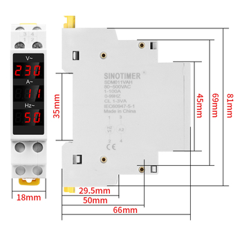DIN-sínre szerelt digitális AC feszültség-áram- és frekvenciamérő, modell SDM011VAH, mérési tartomány 80–500V, 1–100A, 0–99Hz, digitális kijelző, pontosság ±1%