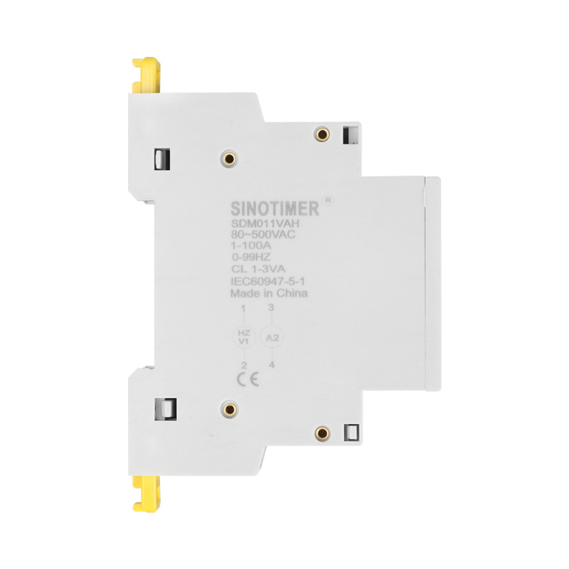 DIN-sínre szerelt digitális AC feszültség-áram- és frekvenciamérő, modell SDM011VAH, mérési tartomány 80–500V, 1–100A, 0–99Hz, digitális kijelző, pontosság ±1%