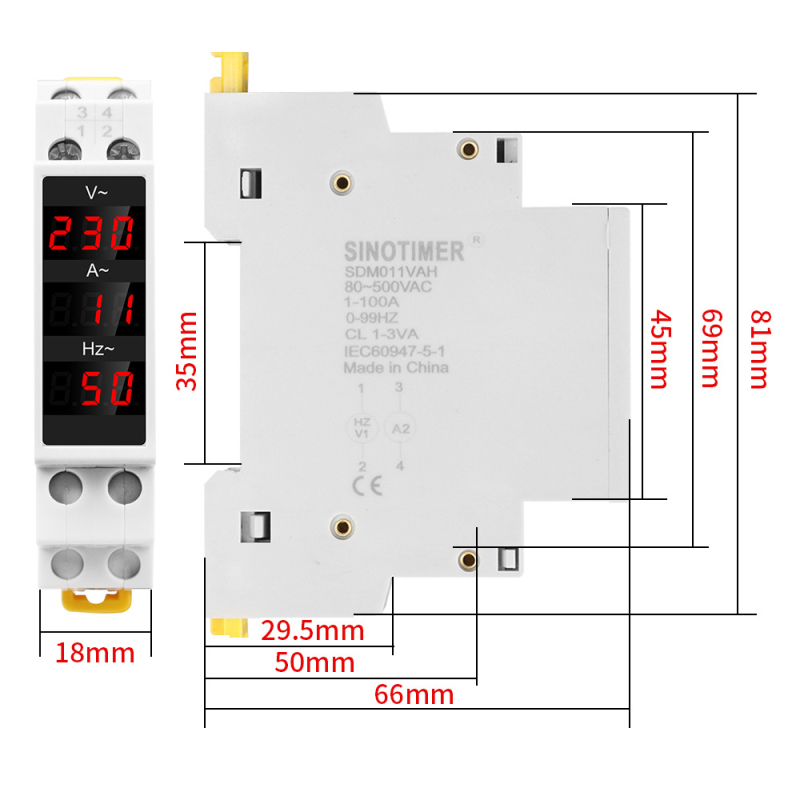 DIN-sínre szerelt digitális AC feszültség-áram- és frekvenciamérő, modell SDM011VAH, mérési tartomány 80–500V, 1–100A, 0–99Hz, digitális kijelző, pontosság ±1%