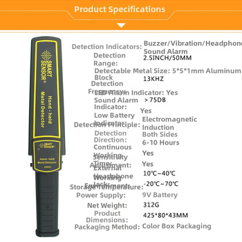 Hima AR954 Prenosný ručný detektor kovov, 9V batéria, režimy alarmu: zvonenie, vibrácie, slúchadlový alarm