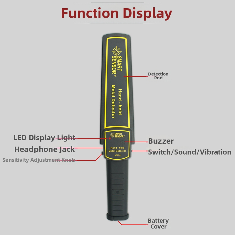 Hima AR954 Prenosný ručný detektor kovov, 9V batéria, režimy alarmu: zvonenie, vibrácie, slúchadlový alarm