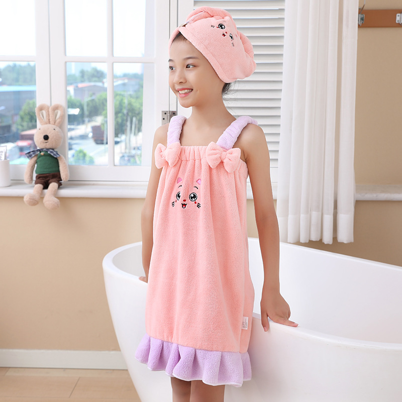 Детска рокля за баня от коралов плюш с презрамки – летна банна рокля за момичета, полиестер