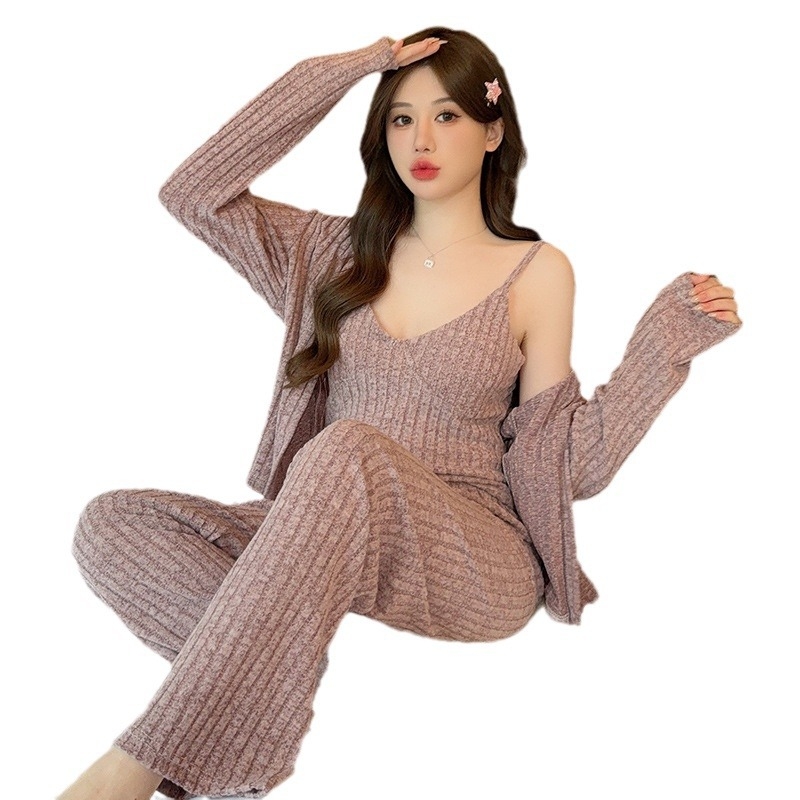 Ženski kašmir pijama set od tri dijela za jesen/zimu, dugi rukavi, bez ovratnika, 30–50% kašmira
