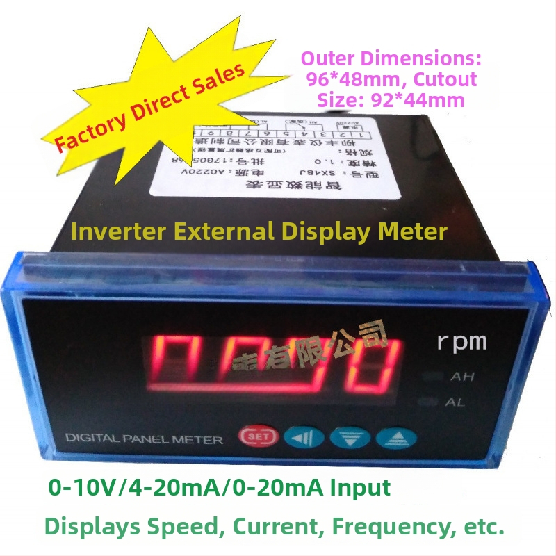 Vonkajší digitálny displej pre frekvenčný menič s tachometrom 0-10 RPM, ampermetrom a zobrazením frekvencie 4-20 mA, rozmery 48×96×48 mm