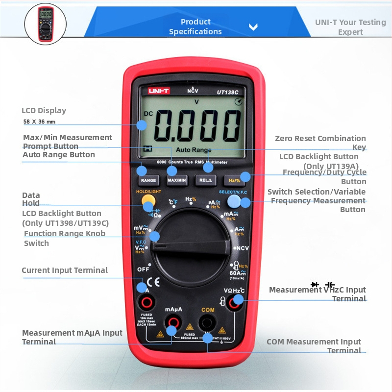 UT139C Uni-T Digitális multiméter - teljes mérési tartomány, égésálló védelem, digitális kijelző, inverter karbantartáshoz