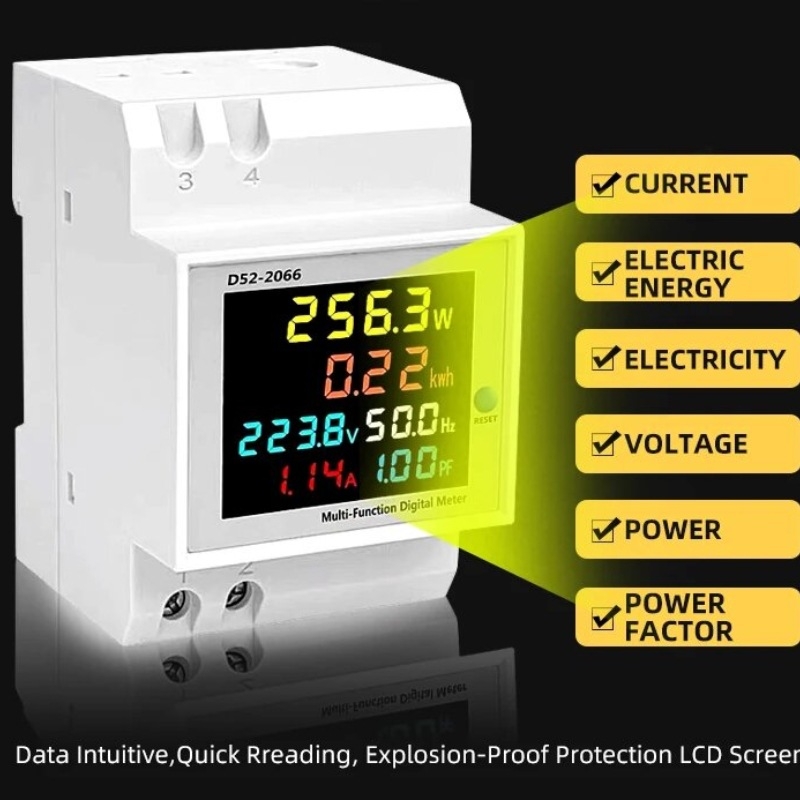 Global Weft D52-2066 Măsurător digital multifuncțional, monofazat, montaj pe DIN-rail, măsoară tensiunea, curentul și puterea