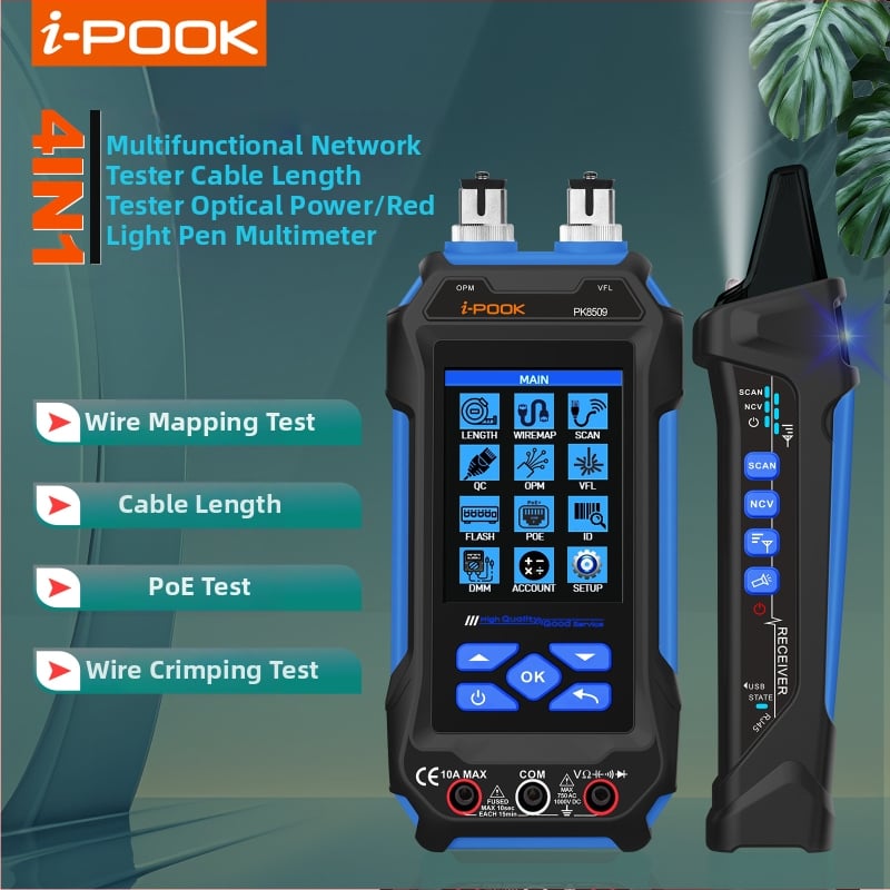 i-pook Viacúčelový tester sieťových káblov PK8506/PK8508/PK8509 – Meranie dĺžky káblu, Optický výkon, POE test, 5V napájanie