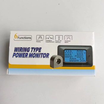 Többfunkciós teljesítménymérő eszköz digitális kijelzővel; modell 100A; mérhető feszültség 110–250V; mérhető áram 1–100A.