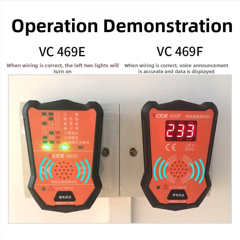Victor VC469E/469F intelligens dugaszoló tester LED kijelzővel és hangos beszéddel, feszültség tartomány 175–250 V, áram tartomány 30 mA