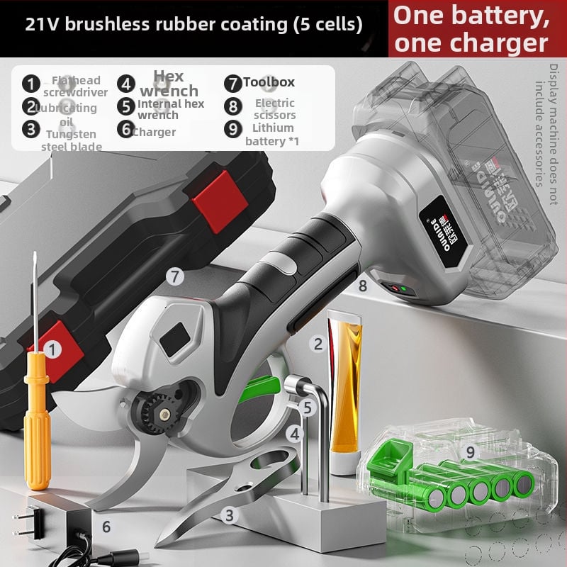 Безчеткови безжични електрически ножици за подрязване на клони и плодни дървета, презареждаема литиева батерия, 21V, диапазон 16,8–21V