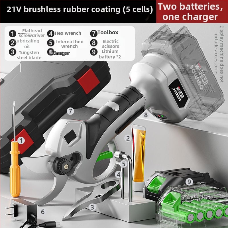 Безчеткови безжични електрически ножици за подрязване на клони и плодни дървета, презареждаема литиева батерия, 21V, диапазон 16,8–21V