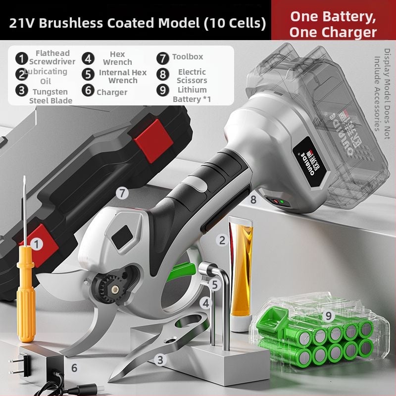 Безчеткови безжични електрически ножици за подрязване на клони и плодни дървета, презареждаема литиева батерия, 21V, диапазон 16,8–21V