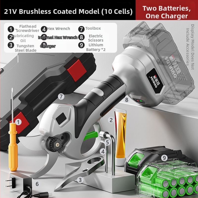 Безчеткови безжични електрически ножици за подрязване на клони и плодни дървета, презареждаема литиева батерия, 21V, диапазон 16,8–21V