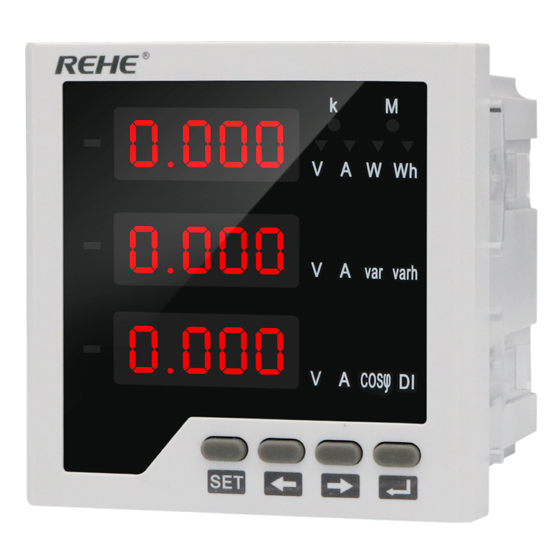 Трифазен мултифункционален цифров измервател, 96×96 разделен екран, вградена инсталация, точност 0,5%, базов ток 5 A, референтно напрежение 450 V