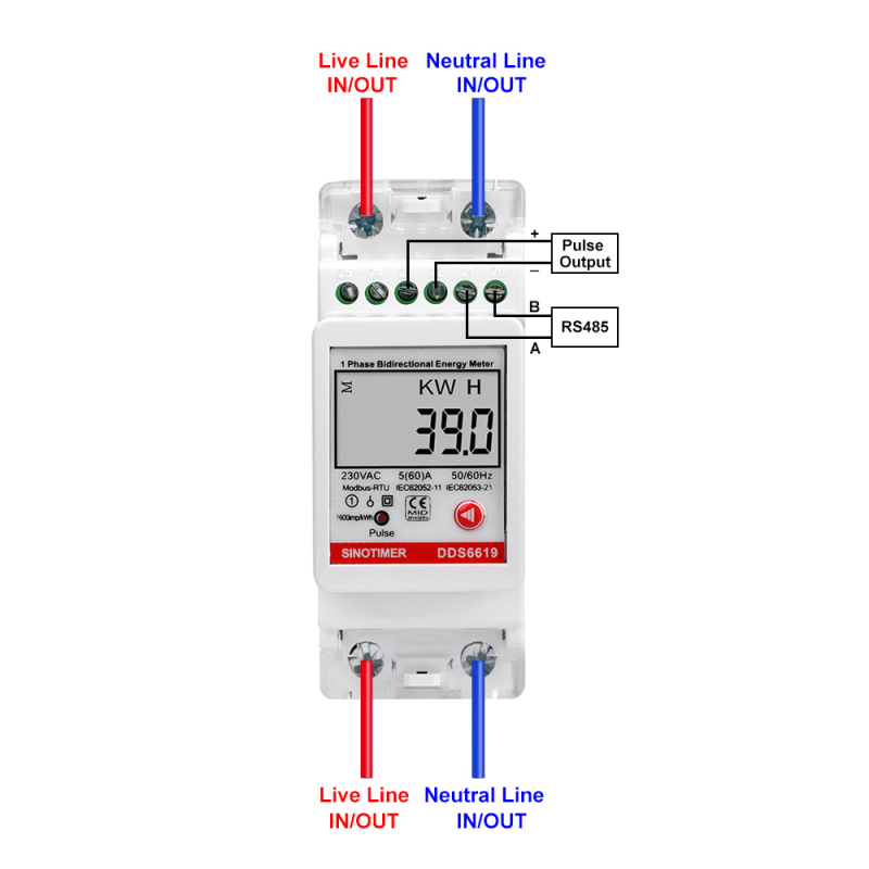 DDS6619-039 DIN-рейково монтиран еднофазен електромер за kWh с RS485 Modbus-RTU, двупосочно измерване, 230V, 60A