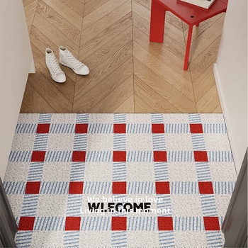Geometrijska kockasta prostirka za ulaz, korejski stil, s rubom od svilenih petlji, protuklizna, može se izrezati na veličinu