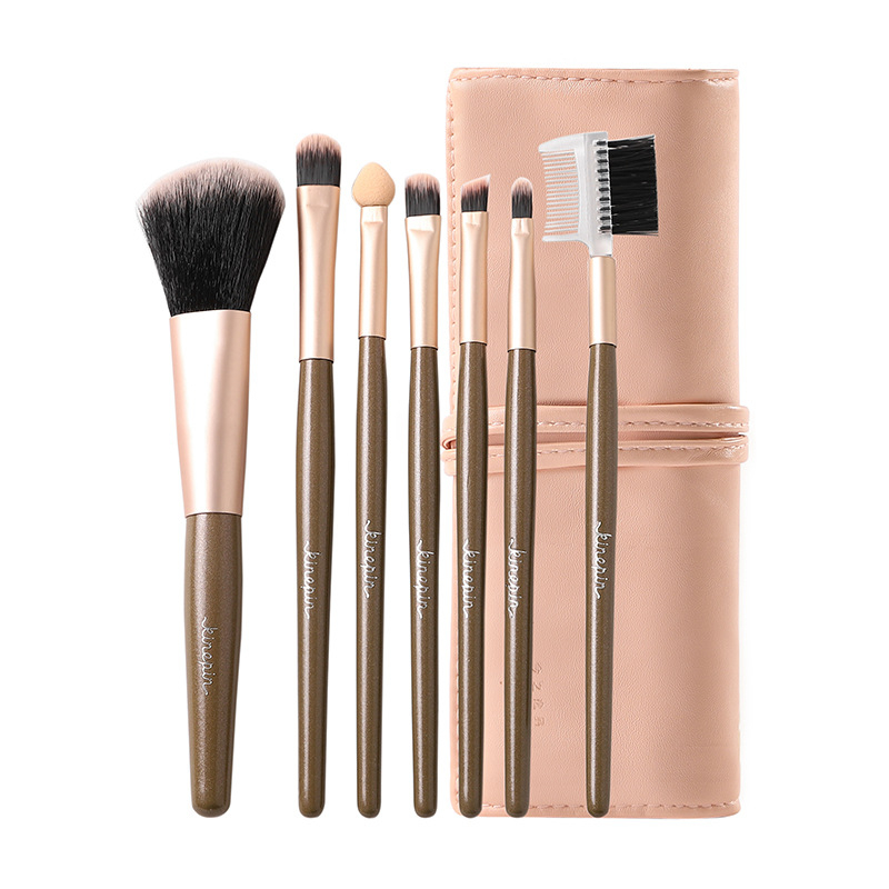 Set de pensule de machiaj pentru începători, 7 piese, peri din nylon, mâner din lemn, husă PU de depozitare