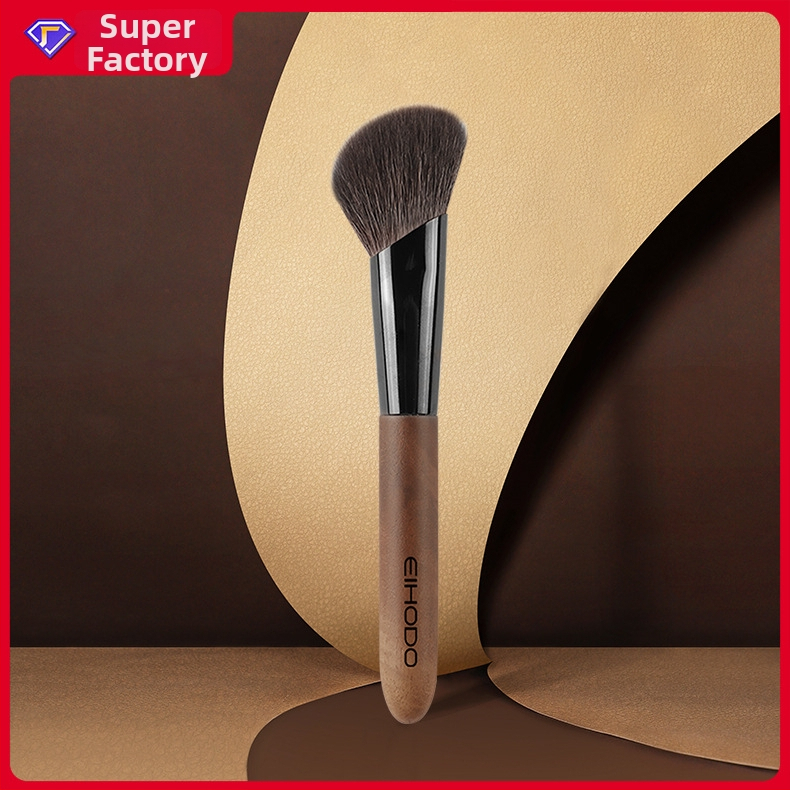 Pensulă de machiaj din lână de oaie, contur în unghi, perie de blush, contur lateral și umb ră, mâner din lemn lung, husă PU; 1 bucată