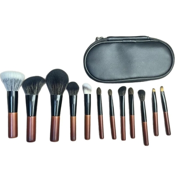 Set de 12 pensule mini de machiaj, cu mâner din lemn și fibre sintetice, portabil, în husă pentru pensule, incluzând pensulă pentru mască facială, pensulă pentru eyeliner și pudră