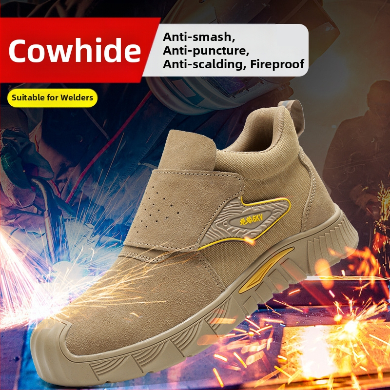 Bezpečnostná obuv na zváranie: proti popáleninám, proti prerezaniu a proti prepichnutiu, izolovaná, hovädzia semišová koža, stredná výška