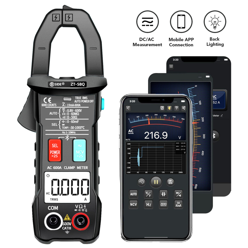 BSIDE ZT-5BQ Bluetooth kliještni mjerni uređaj, digitalni multimetar, automatsko hvatanje, 600 A, zaštita od izgaranja