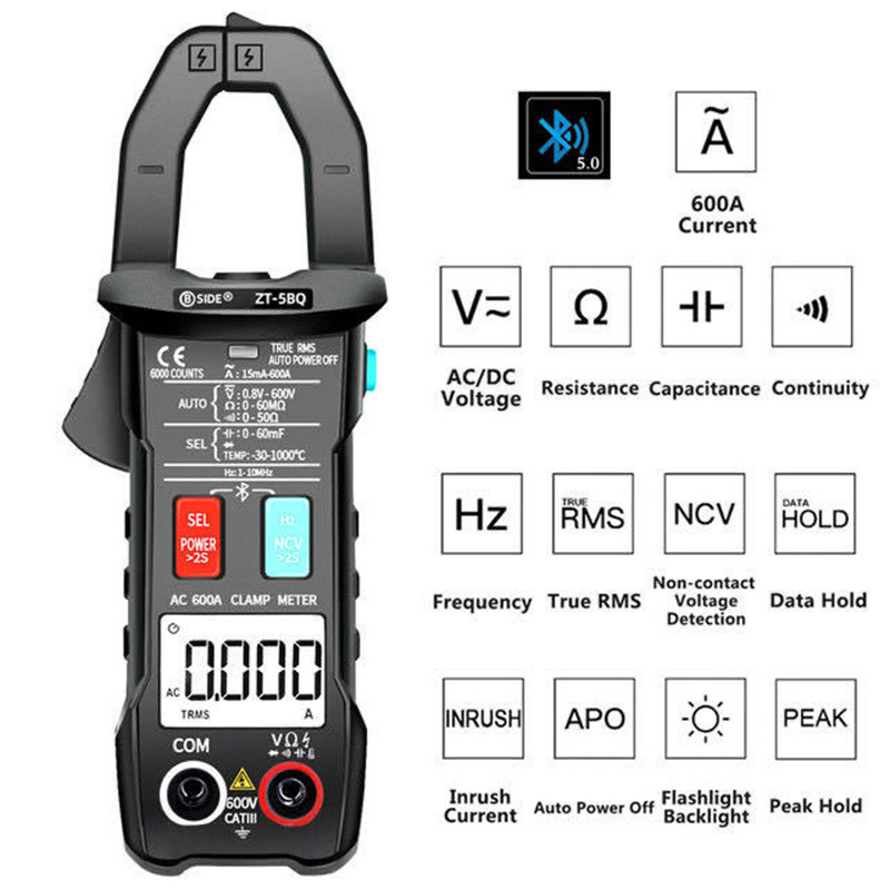 BSIDE ZT-5BQ Bluetooth kliještni mjerni uređaj, digitalni multimetar, automatsko hvatanje, 600 A, zaštita od izgaranja