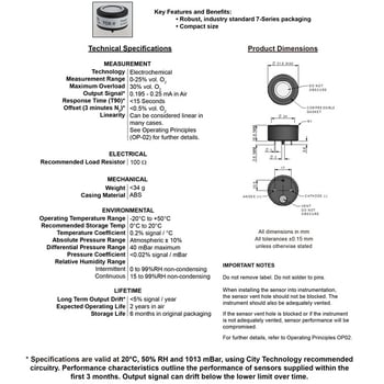 CITY oxigén szenzor 7OXV, sorozat 7 Department, mérőműszerekhez, felbontás 1% VOL