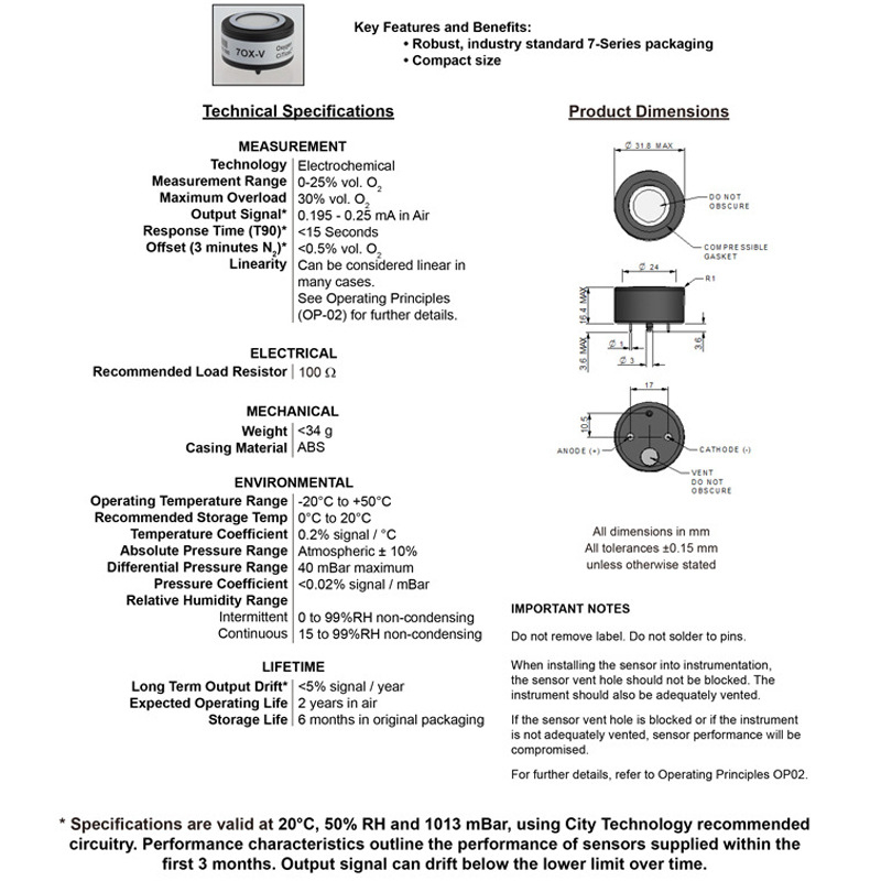 CITY oxigén szenzor 7OXV, sorozat 7 Department, mérőműszerekhez, felbontás 1% VOL