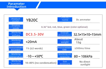 YB20C digitalni DC ampermetar, LED 0,36 inčni zaslon, DC0-1A, 5A/10A/50A