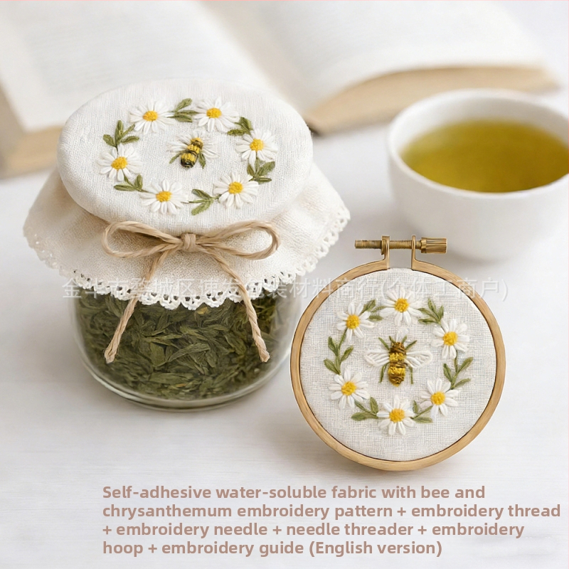 Set na vyšívanie DIY: vzor chryzantéma s včelou na vodou rozpustnej netkanej látke s lepivým podkladom, severský štýl, prispôsobiteľný