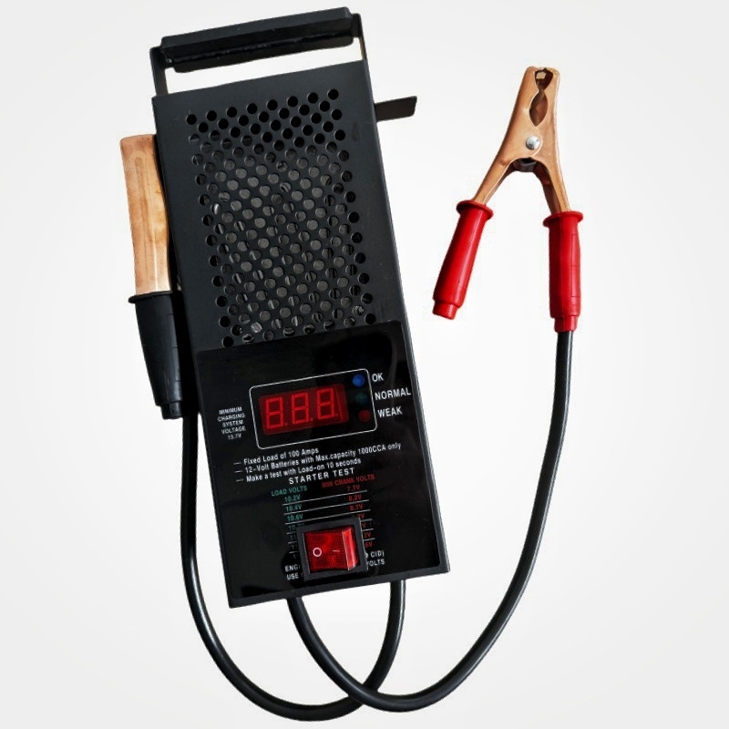 Дигитален тестер за автомобилни батерии – измерване на ток 0-120 A, напрежение 0-12 V, вътрешно съпротивление 0-0.025 Ω, температура -50 до 50 °C, захранване 12 V