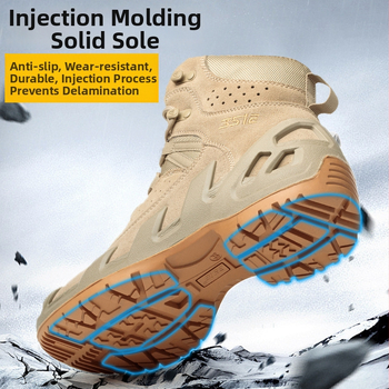 Taktická turistická obuv, priedušná a proti prepichnutiu; materiál: nubuk + oceľová sieťovina; horná časť: stredná výška; vlastnosti: proti prepichnutiu