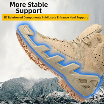 Taktická turistická obuv, priedušná a proti prepichnutiu; materiál: nubuk + oceľová sieťovina; horná časť: stredná výška; vlastnosti: proti prepichnutiu