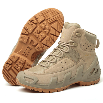 Taktická turistická obuv, priedušná a proti prepichnutiu; materiál: nubuk + oceľová sieťovina; horná časť: stredná výška; vlastnosti: proti prepichnutiu