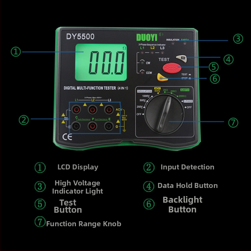 DY5500 Viacfunkčný Digitálny Merač Uzemnenia Odporu s Meraním Fázového Poradia Napätia