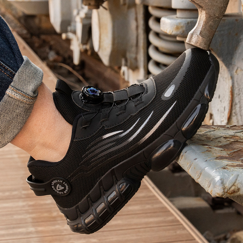 Ασφαλή εργατικά παπούτσια με μεταλλική μύτη, αντι-διάτρησης και αντι-σπαστικά, μεσαίου ύψους, άνω μέρος από διχτυωτή ύφανση, περιστροφική αγκράφα