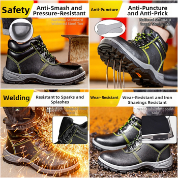 Pantofi de protecție pentru bărbați, anti-șoc și anti-perforație, cu gleznă înaltă, din piele, vârf din oțel și talpă solidă