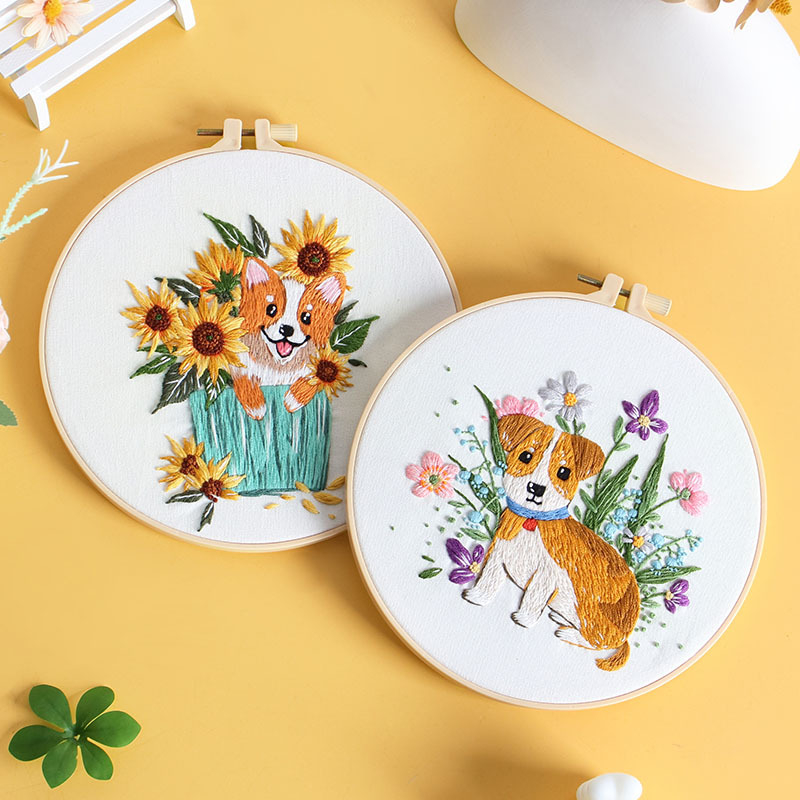 Originalni DIY set za ručno vezenje s motivom psa i cvijeća – tekstilno vezenje, nordijski stil