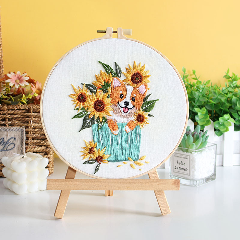Originalni DIY set za ručno vezenje s motivom psa i cvijeća – tekstilno vezenje, nordijski stil