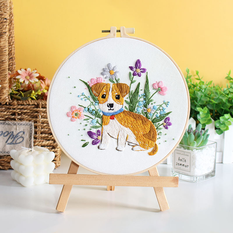Originalni DIY set za ručno vezenje s motivom psa i cvijeća – tekstilno vezenje, nordijski stil