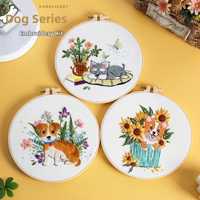 Originalni DIY set za ručno vezenje s motivom psa i cvijeća – tekstilno vezenje, nordijski stil