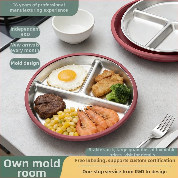 Kūdikių maitinimo lėkštė su trimis skyreliais, iš 304 nerūdijančio plieno, minimalistinio stiliaus, tinka nuo 6 mėnesių, vienas komplektas