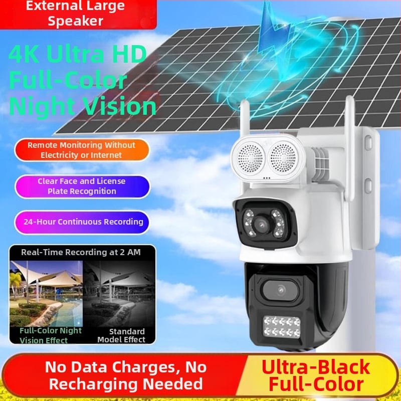 Cameră solară 4G cu viziune 360°, iluminare minimă 0,01 lux, -20 până la 55°C, utilizare în exterior
