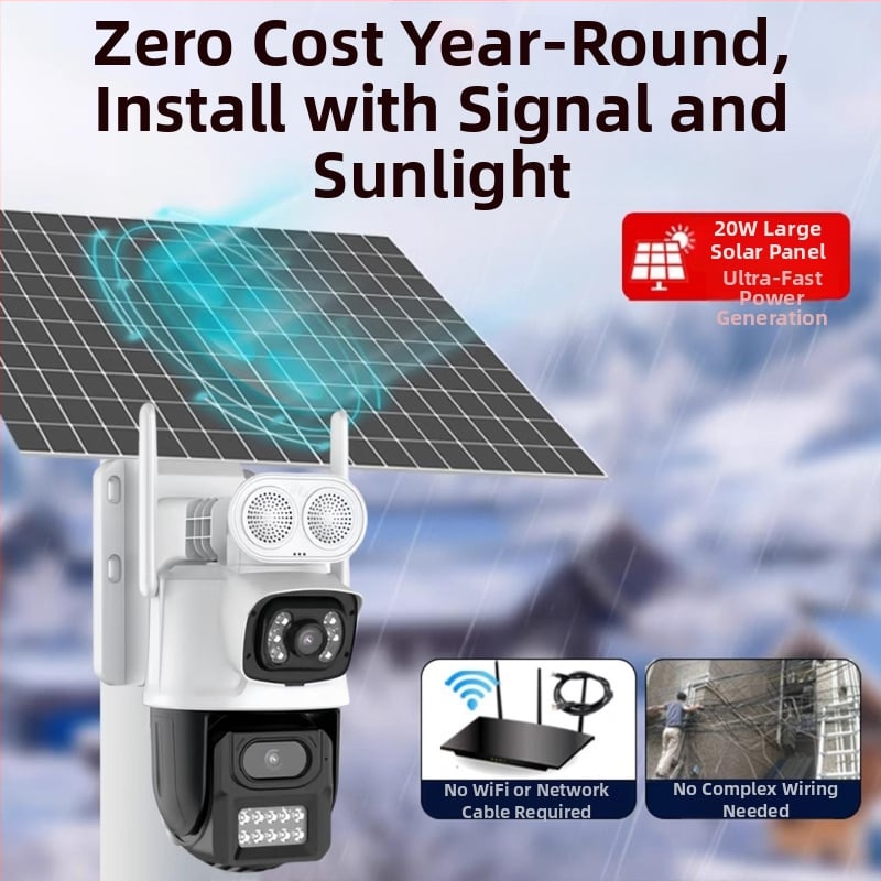 Cameră solară 4G cu viziune 360°, iluminare minimă 0,01 lux, -20 până la 55°C, utilizare în exterior