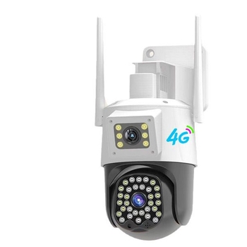 Vanjska 4G sigurnosna kamera s dvostrukim objektivima i panoramskim noćnim vidom — minimalno osvjetljenje 0.1 lx boja / 0.01 lx crno-bijelo, kompenzacija pozadinskog osvjetljenja, napajanje 12V, alarm