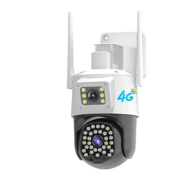 Vanjska 4G sigurnosna kamera s dvostrukim objektivima i panoramskim noćnim vidom — minimalno osvjetljenje 0.1 lx boja / 0.01 lx crno-bijelo, kompenzacija pozadinskog osvjetljenja, napajanje 12V, alarm