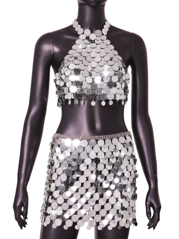 Set vestă și rochie din mărgele, cu bretele metalice, inspirat de stilul occidental, street-hipster pentru femei adulte LBZ20310