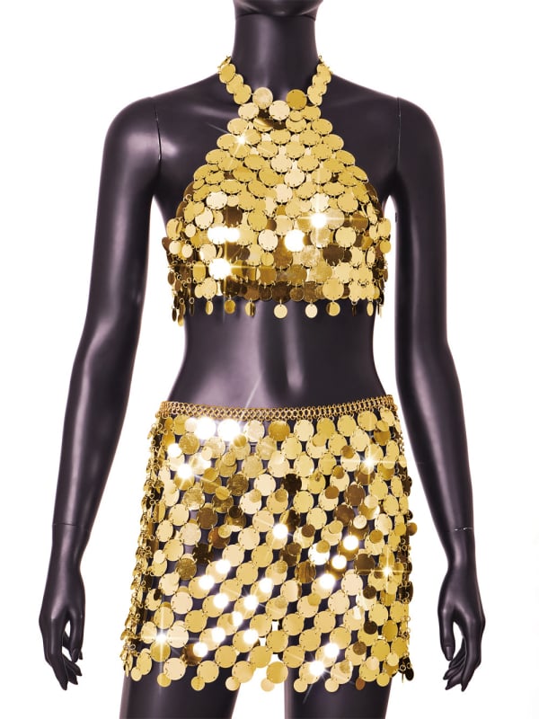 Set vestă și rochie din mărgele, cu bretele metalice, inspirat de stilul occidental, street-hipster pentru femei adulte LBZ20310