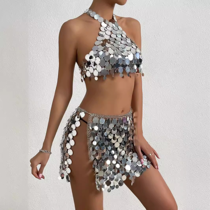 Set vestă și rochie din mărgele, cu bretele metalice, inspirat de stilul occidental, street-hipster pentru femei adulte LBZ20310